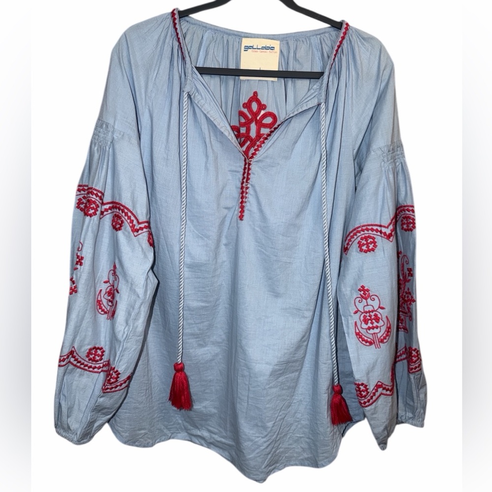 Gallabia Urban Casual Kaftan Blouse Red Embroidered Size L Blue Peasant Top